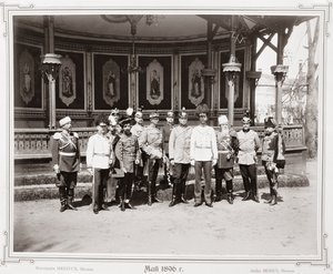 Tsar Nicholas II (1868-1918) Standing in the Garden Pavilion of the Palace with a Group of His Male Supporters, c.1896 by Russian School